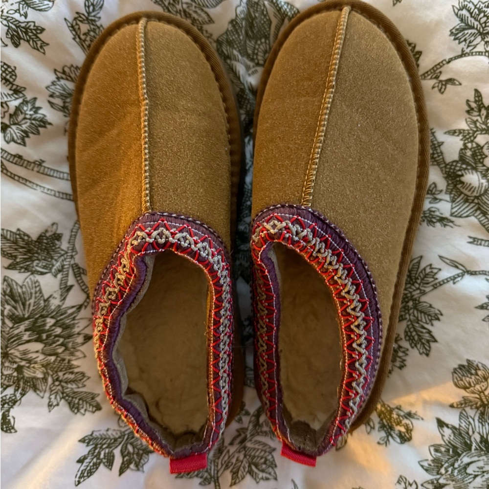 Cozy Tan Slippers with Colorful Trim